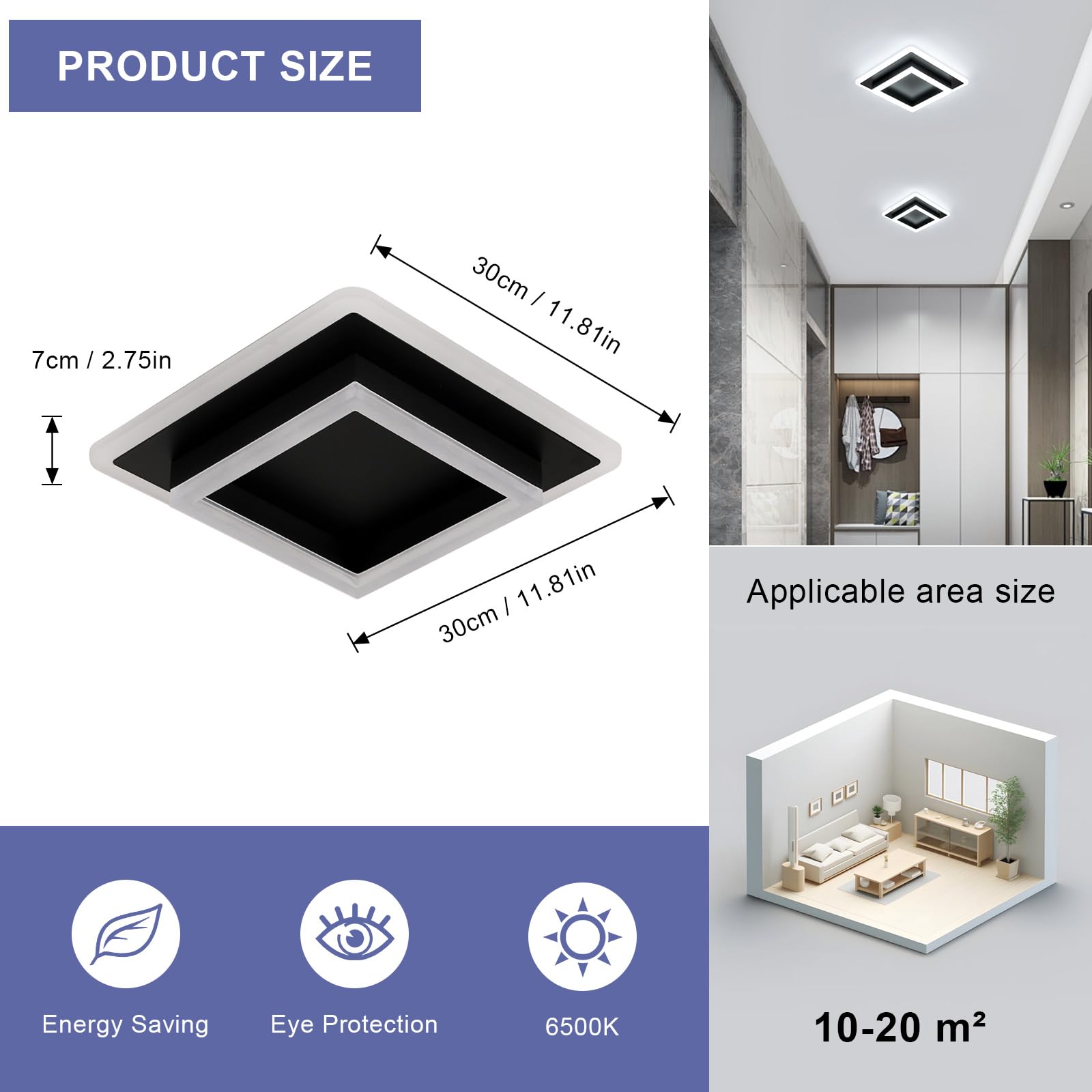 DELIPOP Plafoniera LED Soffitto Quadrata, 30W 3600LM Lampada da Soffitto Moderna Acrilico, Nero Lampadario a LED da Soffitto per Bagno Cucina Camera da Letto Sala Corridoio, Bianco Freddo 6500K