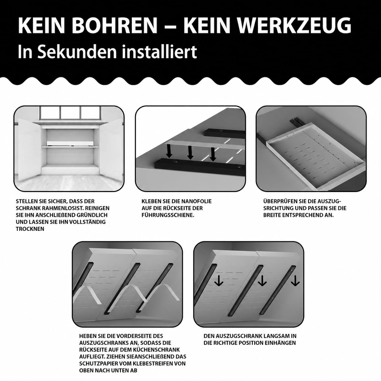 Teleskopschublade Ausziehbar 52 cm Tief mit Schutzmatte | 2 Stück, 32–52 cm Verstellbar, Schrank Organizer, Ohne Bohren