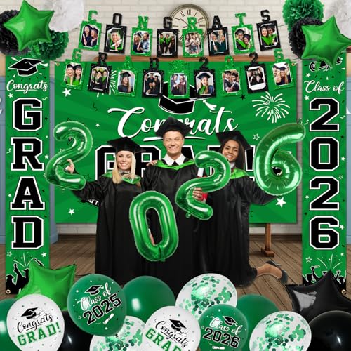 Image of 2026 Graduation Decorations, Green Themed Class of 2026 Decorations Set, Congrats Grad Backdrop, Photo Banner, Door Banner, Balloons and Pom Poms Supplies for High School College Graduation Party