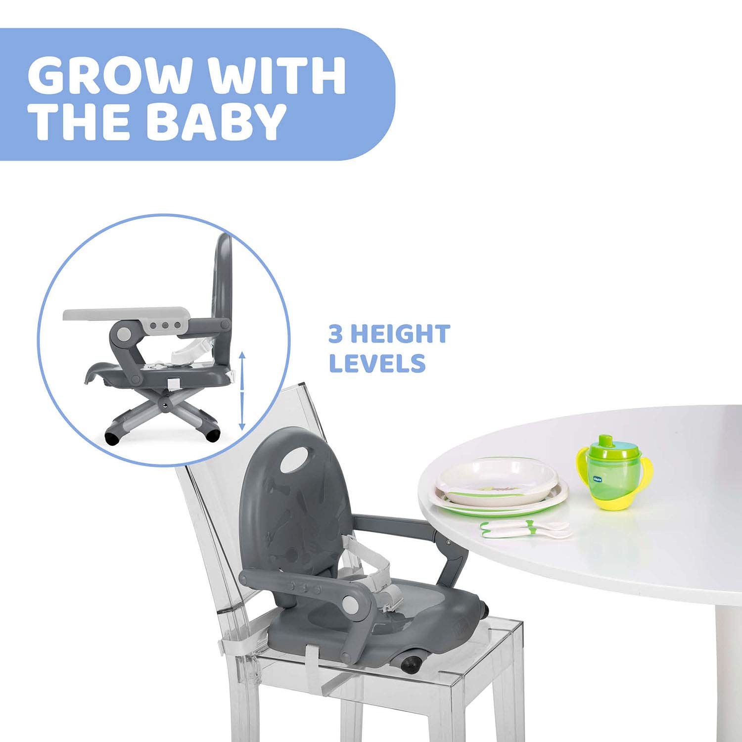 Chicco Pocket Snack Rehausseur Chaise Haute Bébé 6 mois à 3 ans 15 kg Portable Réglable Plateau Amovible Dark Grey