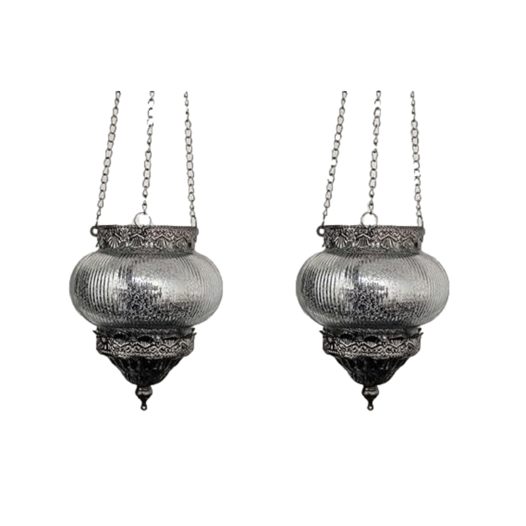 Set of 2 Glass Hanging Lanterns 48cm Glass & Metal Moroccan Tea Light Holders with Chain Antique Silver Metallic Finish Home Decor Candle Pendant Lamps