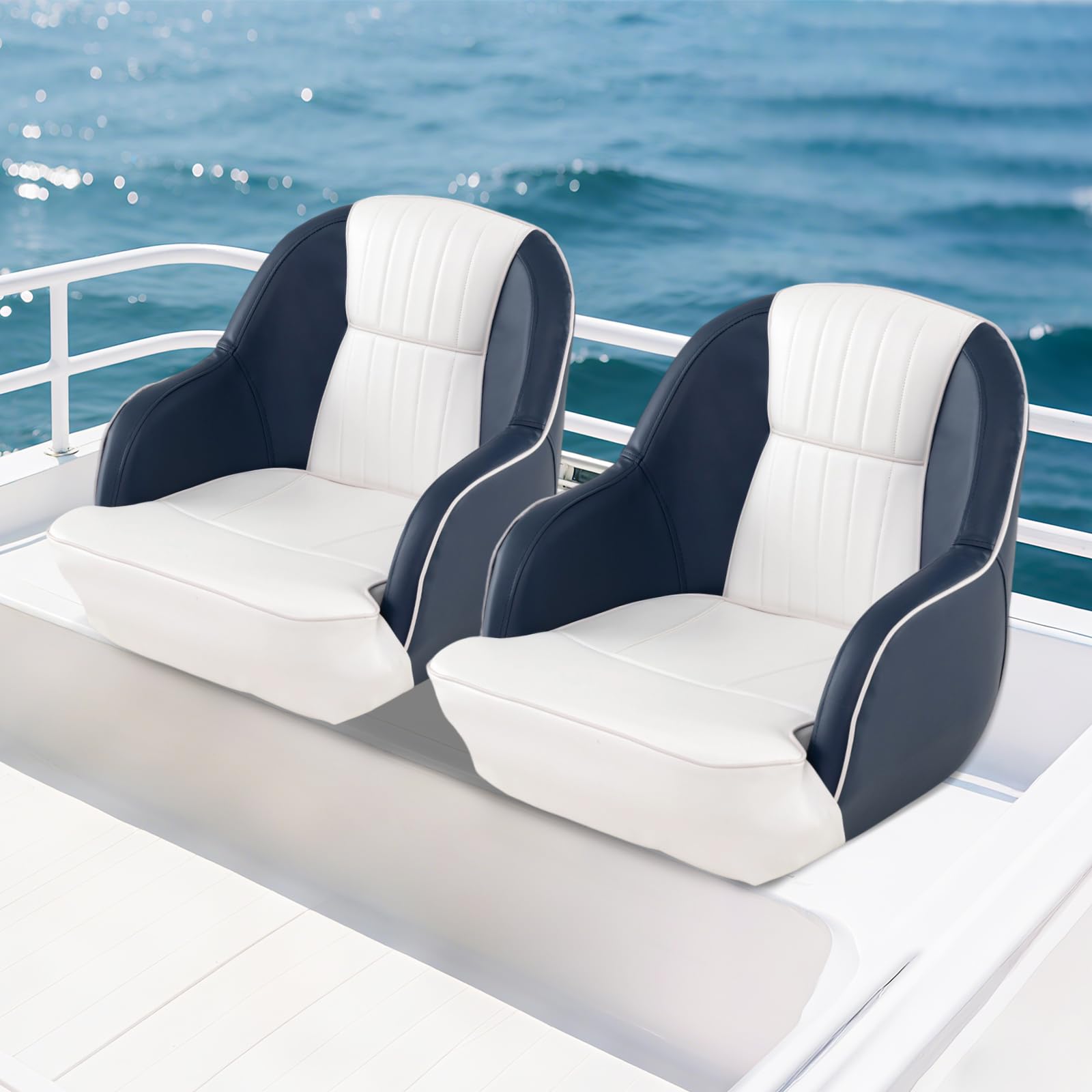 HOMASIS Silla de barco acolchada con respaldo y reposabrazos, asiento para barco impermeable de PVC y espuma, asiento SUP universal, soporta hasta 150 kg (blanco + azul, 55 x 59 x 51 cm)