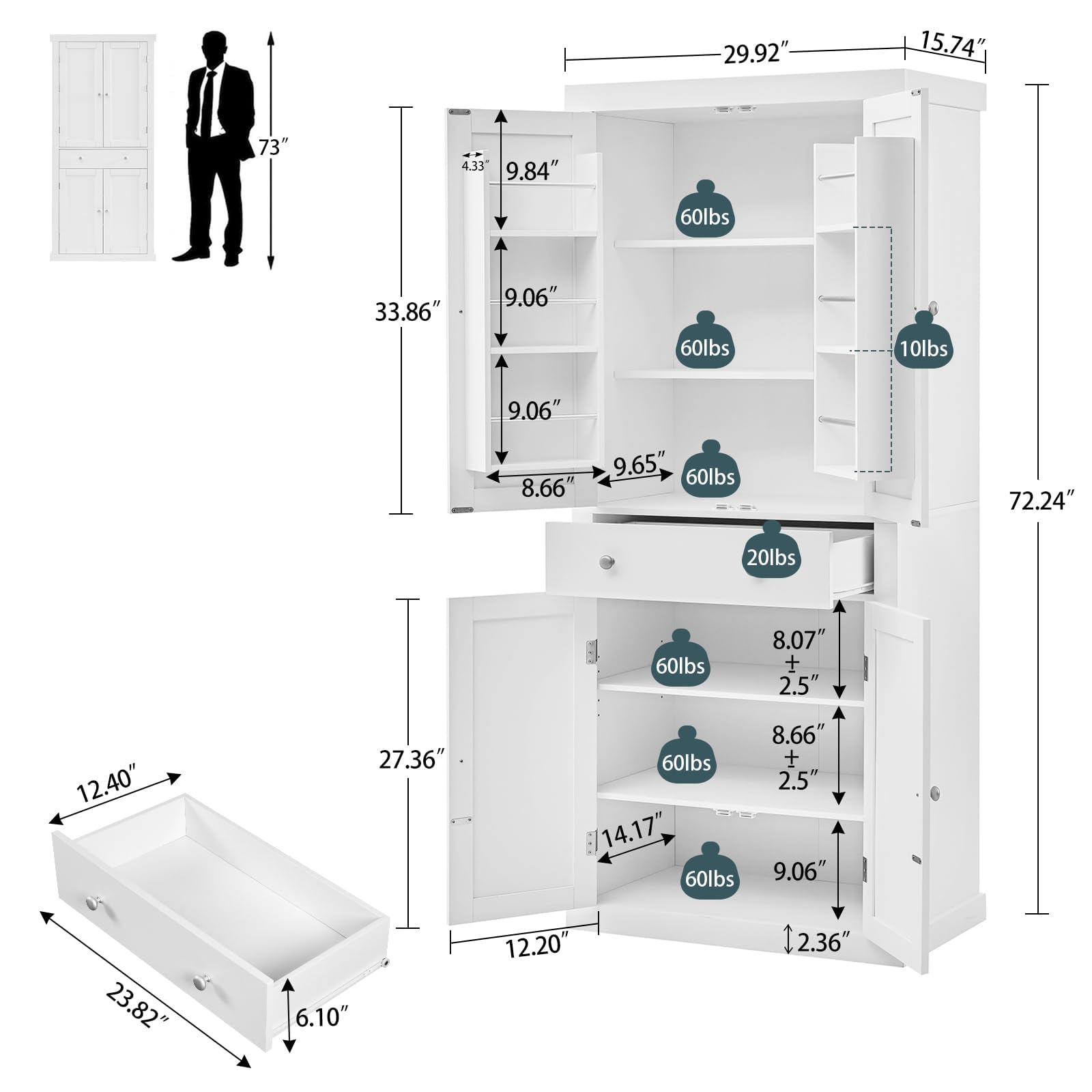 TEENFON 72” Pantry Cabinet, Tall Kitchen Storage Cabinet with 4 Doors and 1 Drawer, Cupboard with 6 Hanging Shelves and Adjustable Shelves for Kitchen, Dining Room, Living Room, White - 2