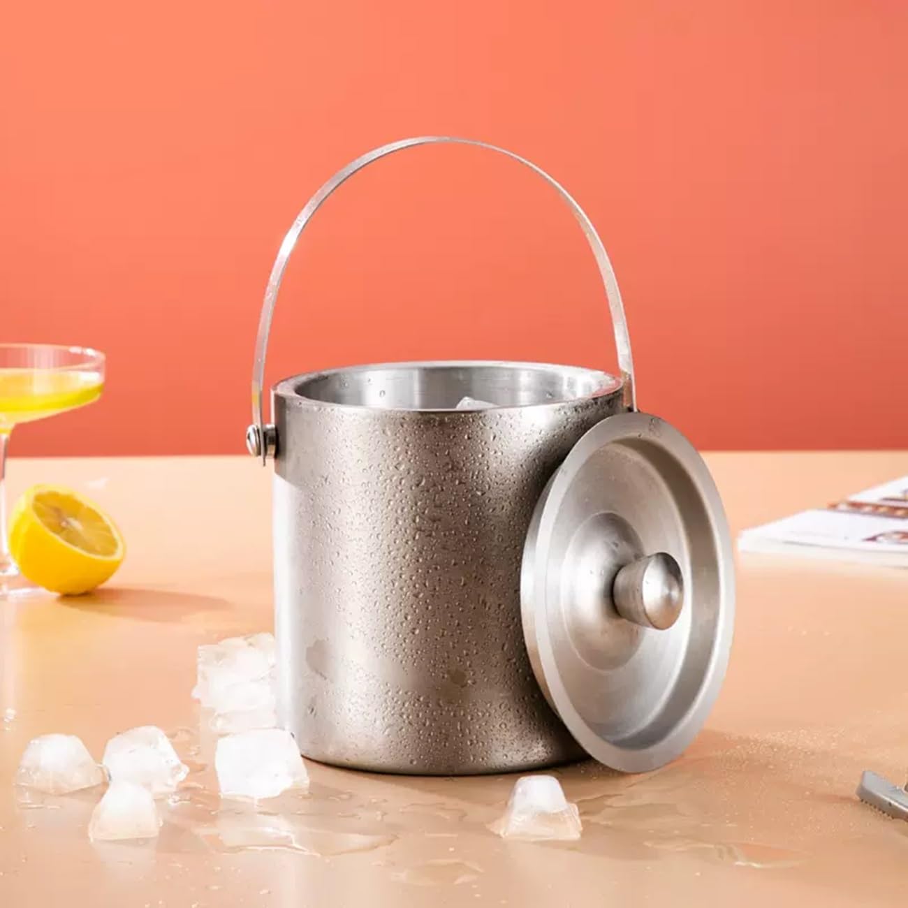 Cubitera de Acero Inoxidable Aislado Portátil Cubitera de Doble Pared para Vino Cubitera para Botella de Champán con Tapa Asa y Pinzas para Fiestas en Bar en Casa(Silver,15cm)