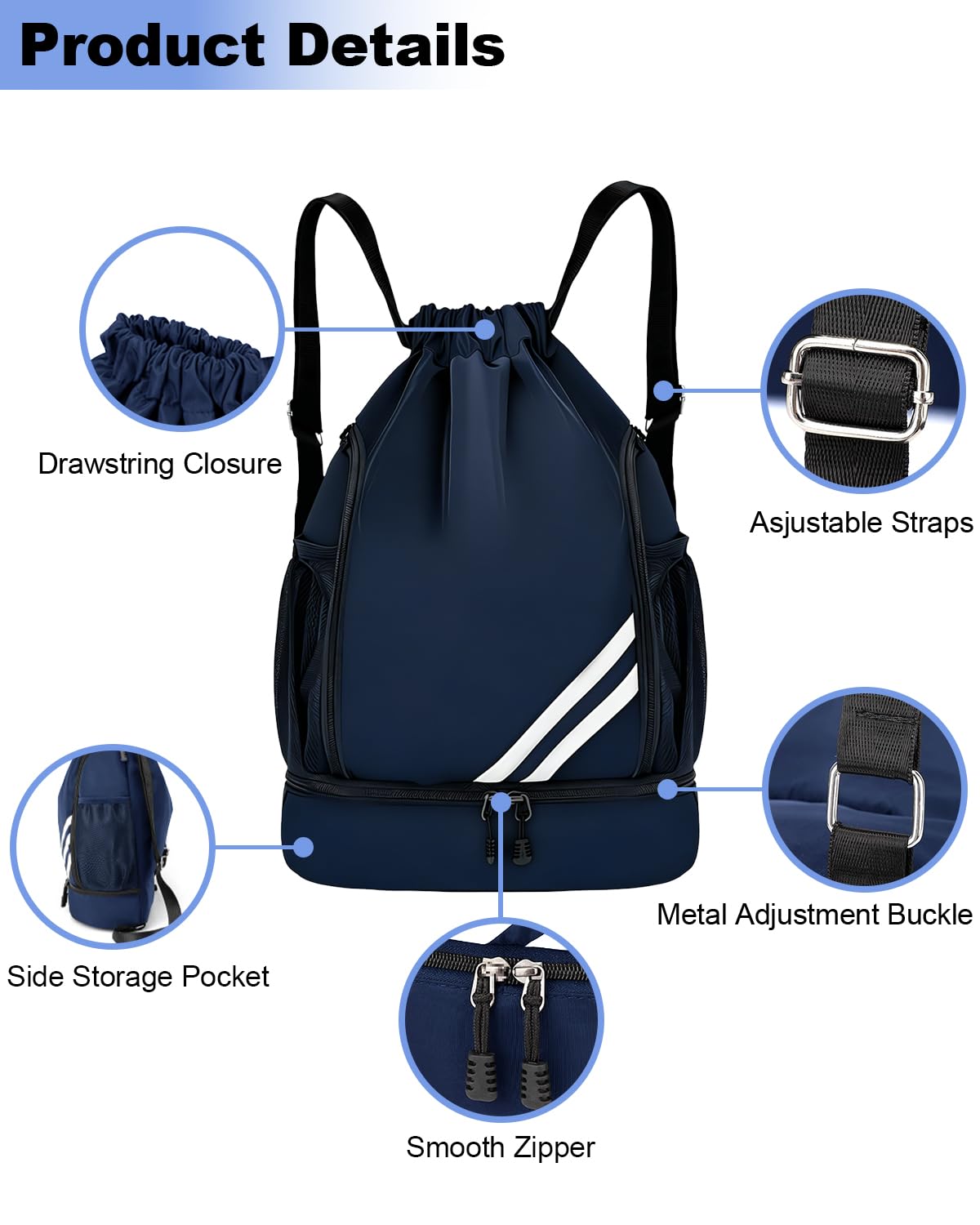 Bleu Marine Sac a Dos de Sport étanche Pliable, Sac de Sport Homme Femme et Enfants, Avec Compartiment à Chaussures Séparé, Poche Principale et Intérieure, Sacs de Gym Pour Voyage Gym Plage Piscine