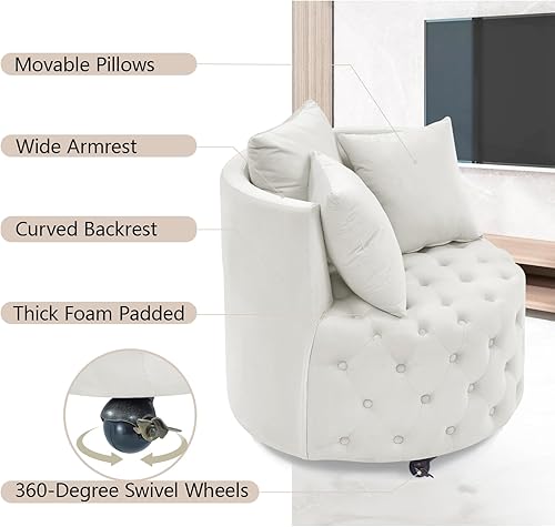 Miniatura 6 de Silla giratoria de barril, sofá giratorio de terciopelo con 3 almohadas y 4 ruedas, moderna silla giratoria redonda de gran tamaño, silla giratoria