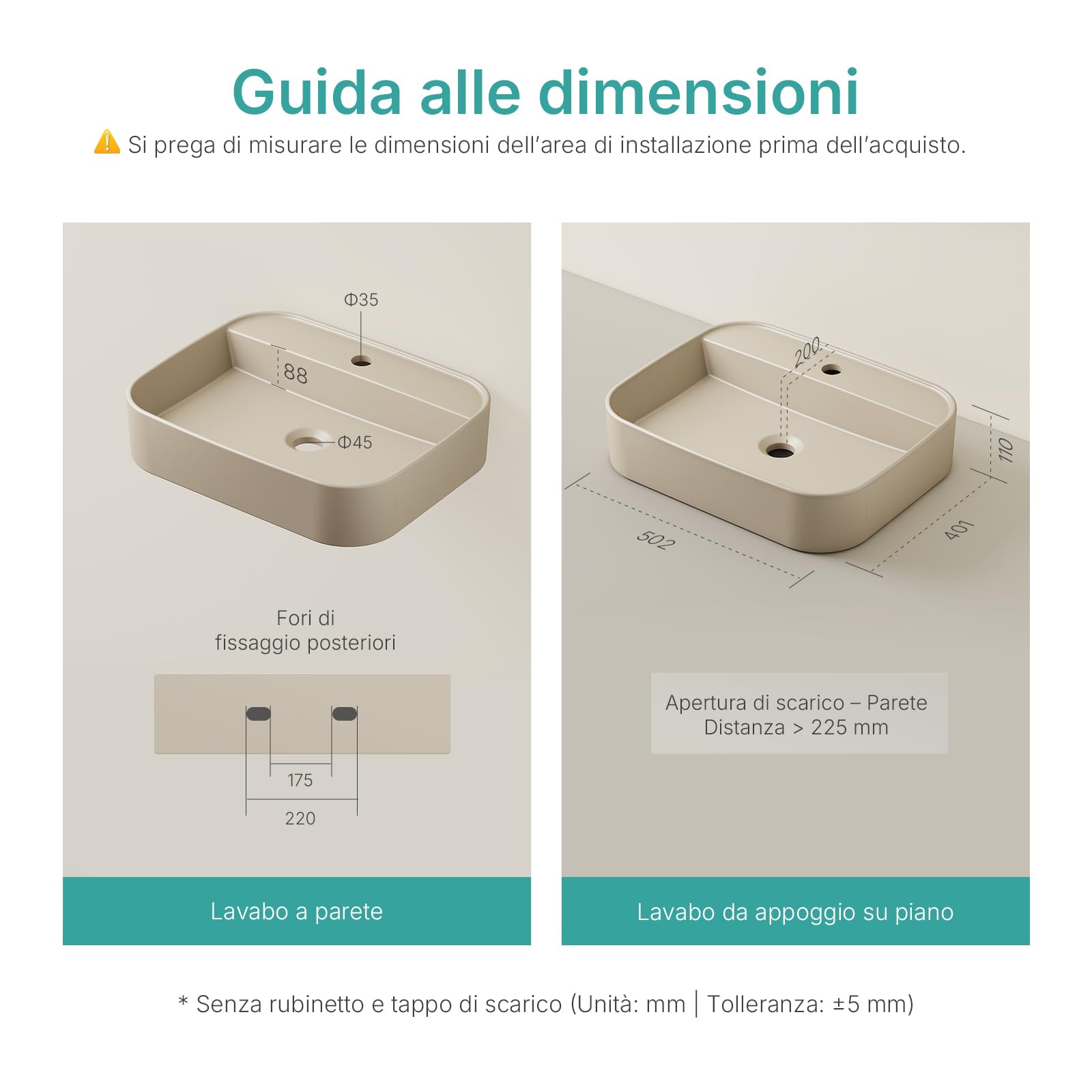 EMKE Lavabo da Appoggio e Sospeso 50 x 40 x 11 cm, Lavandino Rettangolare in Ceramica Beige opaco con Angoli Arrotondati, Lavello Moderno Salvaspazio per Bagno e WC - Senza Rubinetto e Piletta