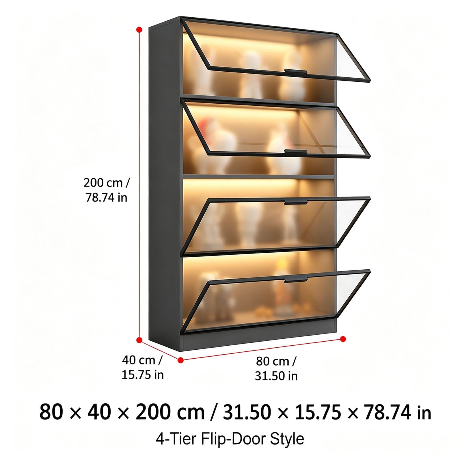 Vitrina expositora de vidrio templado con puertas abatibles y luz LED, mueble almacén de 4 estantes para figuras de acción, modelos y decoración del hogar(Black Frame Gray Body,80cm)