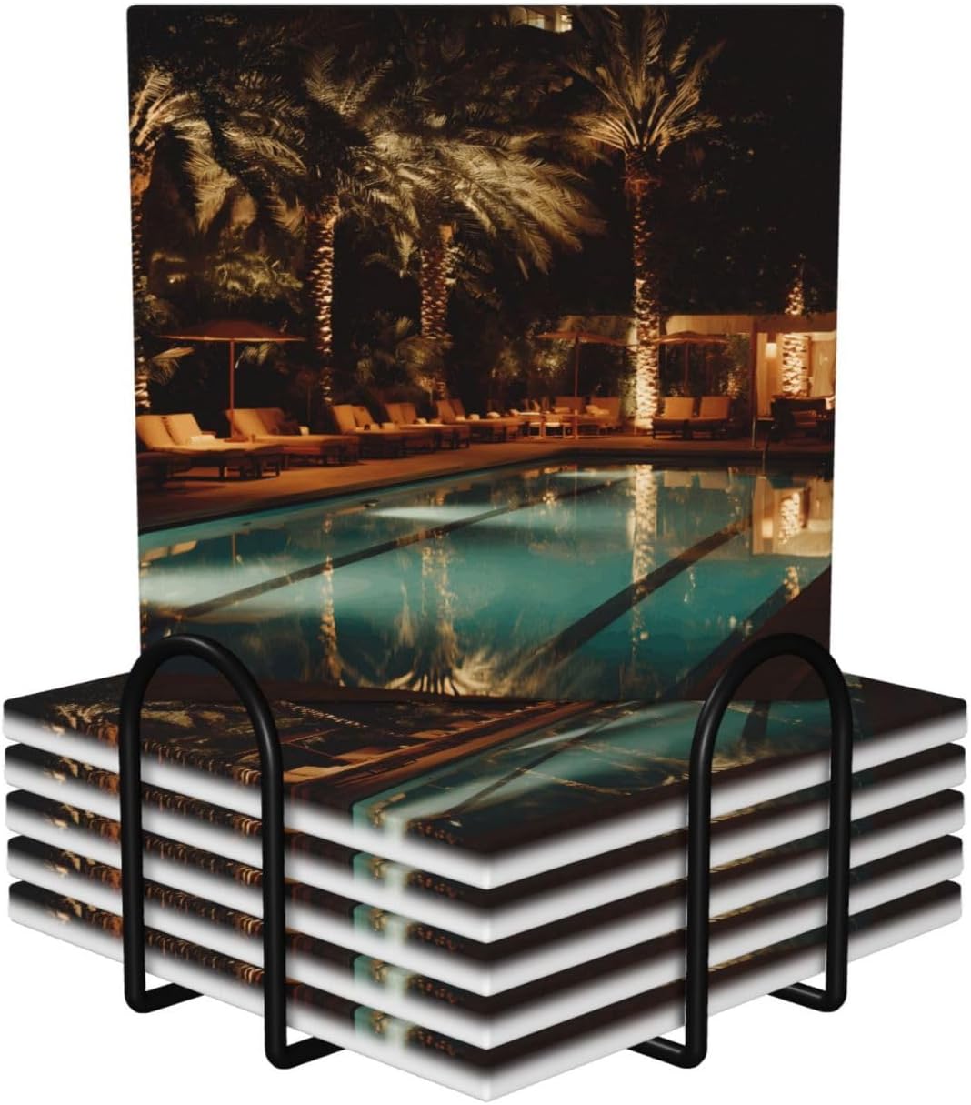 (Palm Trees) Ceramic Coasters Set of 6 with Holder Non-Slip Square Coffee Coasters for for Cup Mug Drink Patio Coffee Table Decor, Christmas Coasters Home Bar Supplies