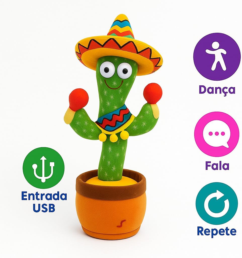 Cacto Dançante e Falante Recarregável – Brinquedo Musical Infantil que Fala, Dança, Brilha e Repete Sons, Estimula a Fala e o Desenvolvimento das Crianças (Cores Sortidas) Cacto Dançante e Falante Recarregável – Brinquedo Musical Infantil que Fala, Dança, Brilha e Repete Sons, Estimula a Fala e o Desenvolvimento das Crianças (Cores Sortidas)
