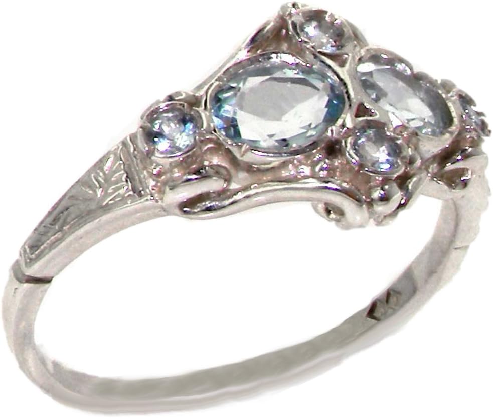 925 Sterling Silver Real Genuine Aquamarine Womens Band Ring