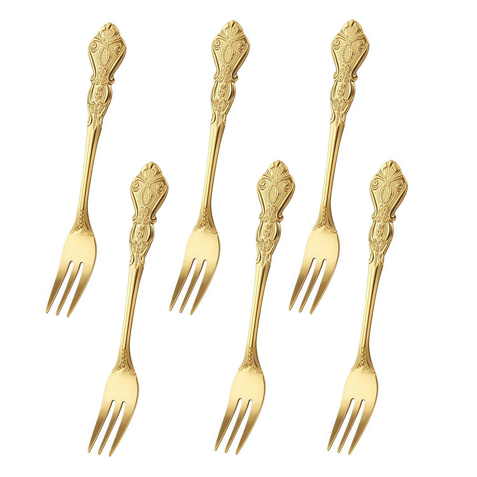 RuiChy 6 Pcs Vintage Embossed Dessert Forks, Court Style Stainless Steel Cake Forks 5 Inch Pastry Fork Cocktail Salad Appetizer Fruits Fork for Home Restaurants Picnic Banquet Catering Party (Gold)