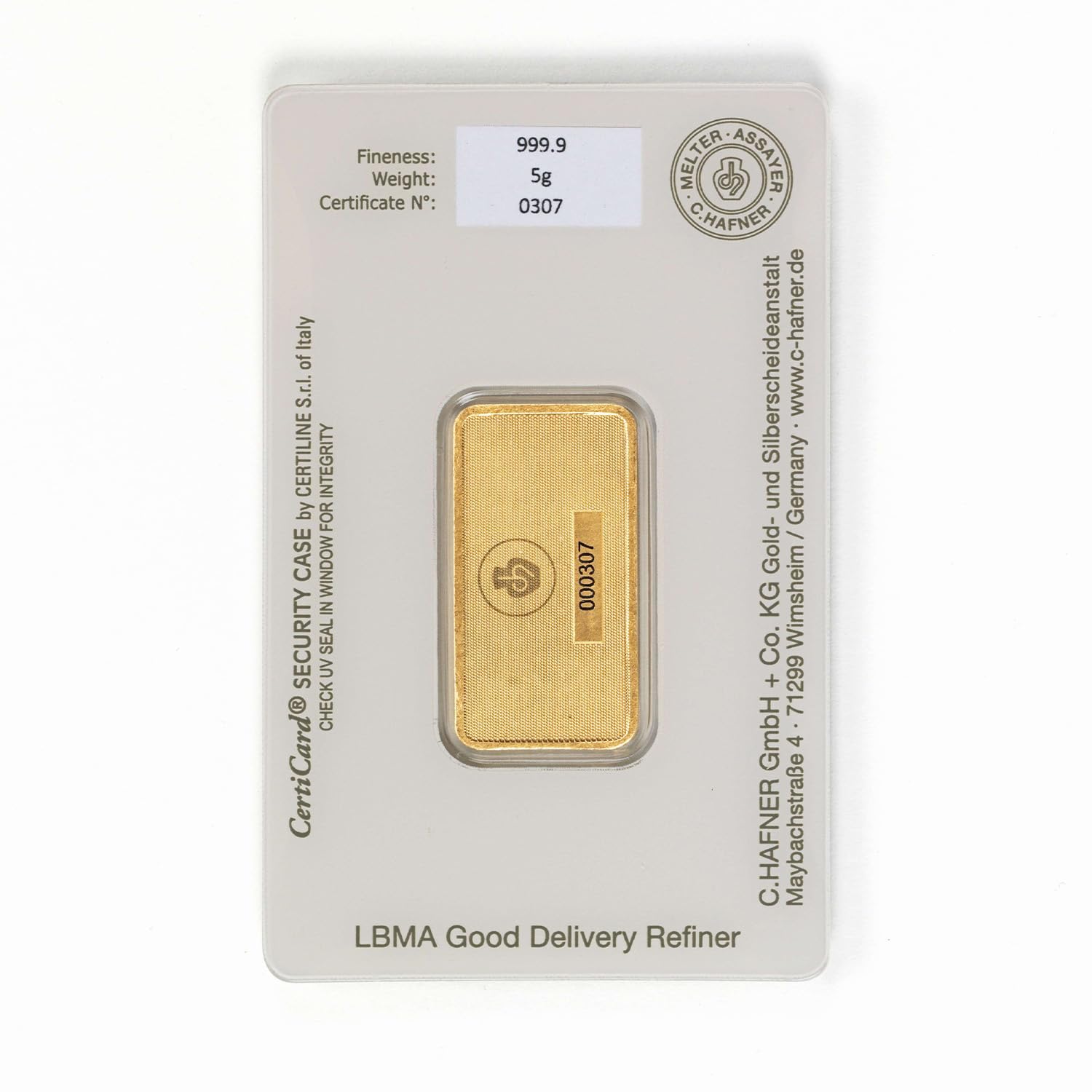 5 Gramm Goldbarren C. Hafner + Echtheitszertifikat - 5 g Gold - Feingold 999.9 - Prägefrisch - LBMA Zertifiziert - Neu