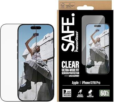 SAFE. by PanzerGlass iPhone 17 | 16 Pro | Ultra-Wide Fit  er eve Aparatl  Siyah  er eveli Ekran Koruyucu
