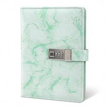 Diary with Lock A5 Locking Journal Pu Leather Refillable Writing Notebook with 3-Digit Locking Marble Pattern Cover Pen Holder and Cream Paper 100 Pages Green 8.2 x 5.6 inch Private Journal for Women Men
