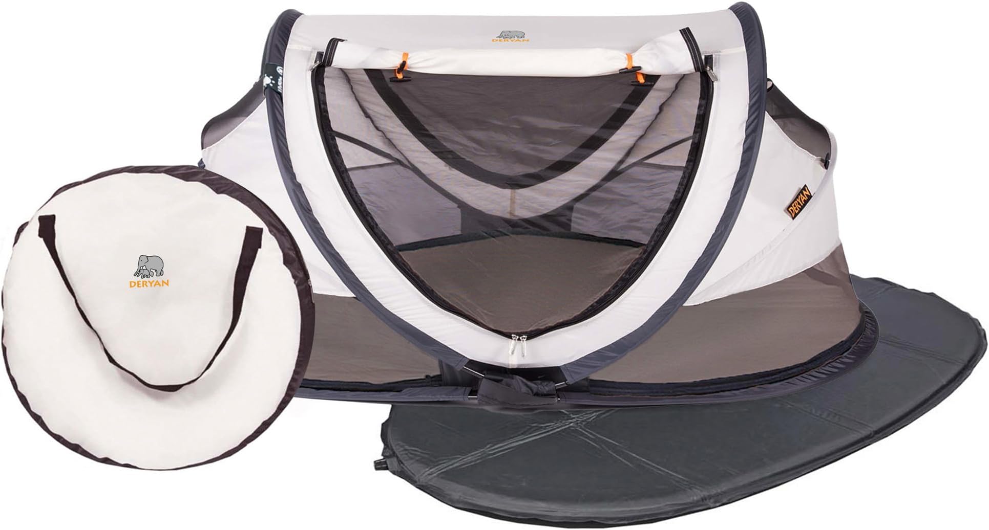 DERYAN Toddler Travel Cot with Mattress from Birth to 4.5 Years - Pop Up Bed Tent Set Up in 2 Seconds - Includes Mosquito Net and Travel Bag, Fast & Compact Folding, Lightweight (Cream)