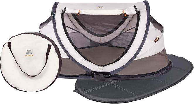 DERYAN Toddler Travel Cot with Mattress from Birth to 4.5 Years - Pop Up Bed Tent Set Up in 2 Seconds - Includes Mosquito Net and Travel Bag, Fast & Compact Folding, Lightweight Cream