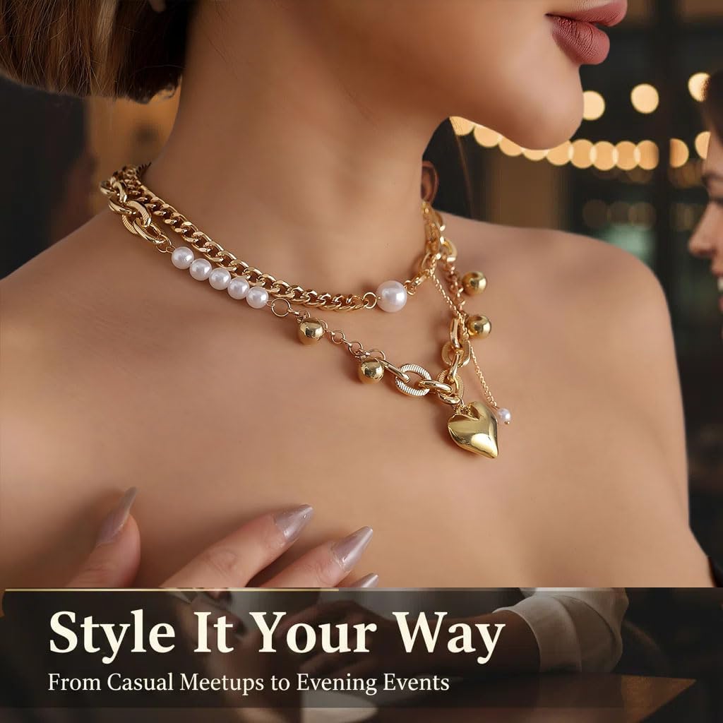 Chunky Heart Pendant Layered Necklaces for Women, Gold/Silver Puffy Heart Necklace Stack, Pearl Beads Thick Chain Stackable Choker Non Tarnish, Trendy Statement Jewelry Gift - Image 6