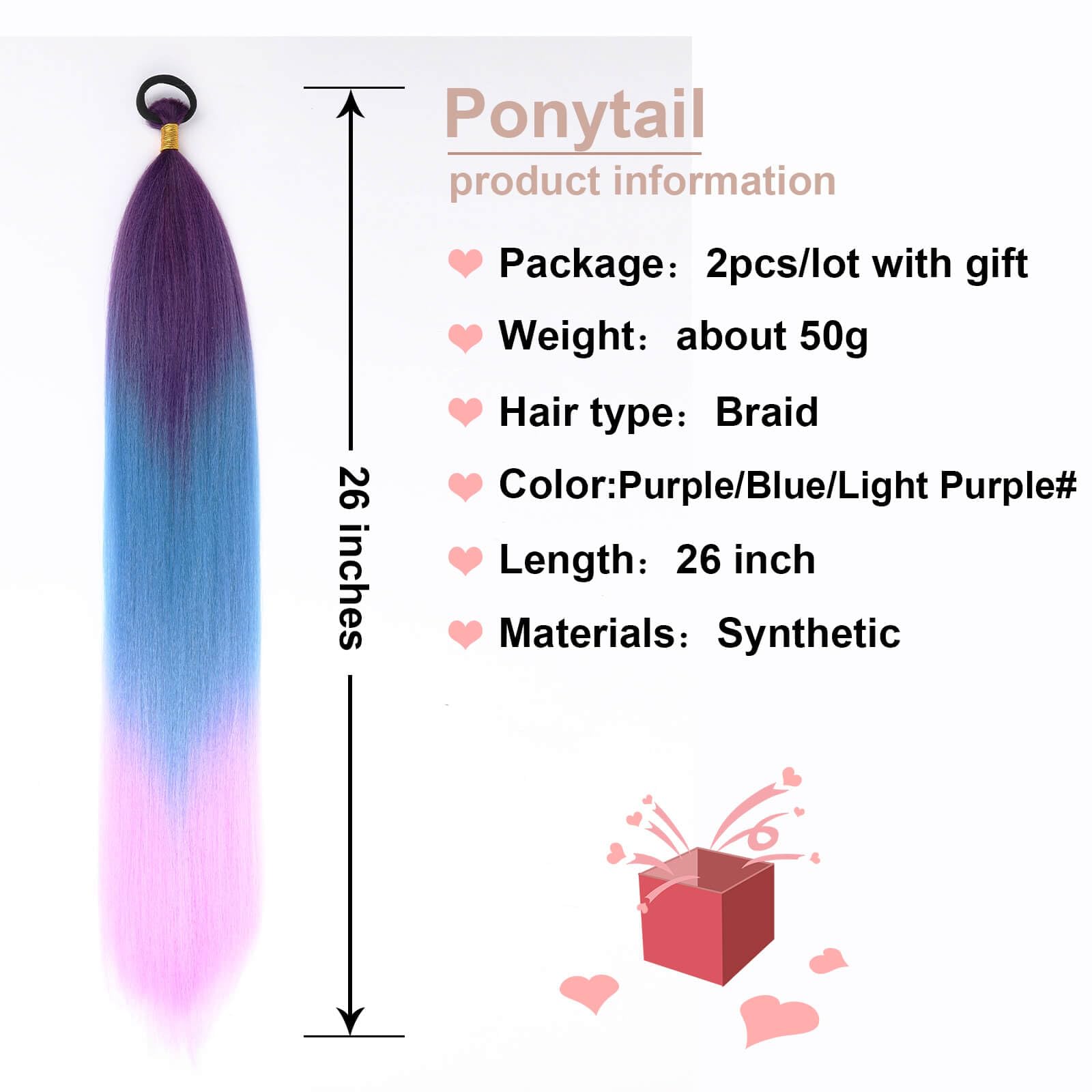 Charsun Braid Ponytail Hair Extensions with Elastic Tie,2 Pcs Straight Braid Hair Extension Rave Hair Natural Soft Hairpieces Synthetic Ponytail Extension 26 Inch(Purple/Blue/Light Purple)