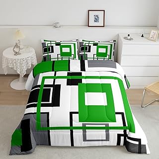 Erosebridal Geometric Square Bedding Set Black White Lime Green Grey Comforter Set Queen Abstract Geometry Stripes Down Comforter for Kids Boys Teen Soft Lightweight Modern Quilt Duvet 2 Pillow Cases