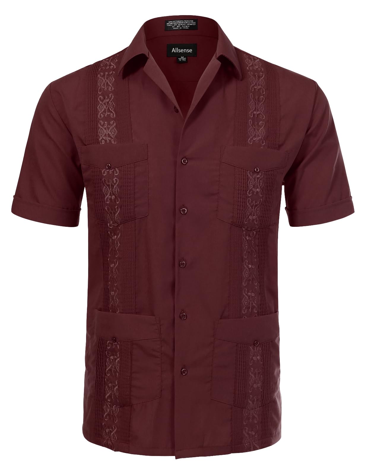Allsense Men's Burgundy Jd Apparel Short Sleeve Cuban Guayabera Shirts