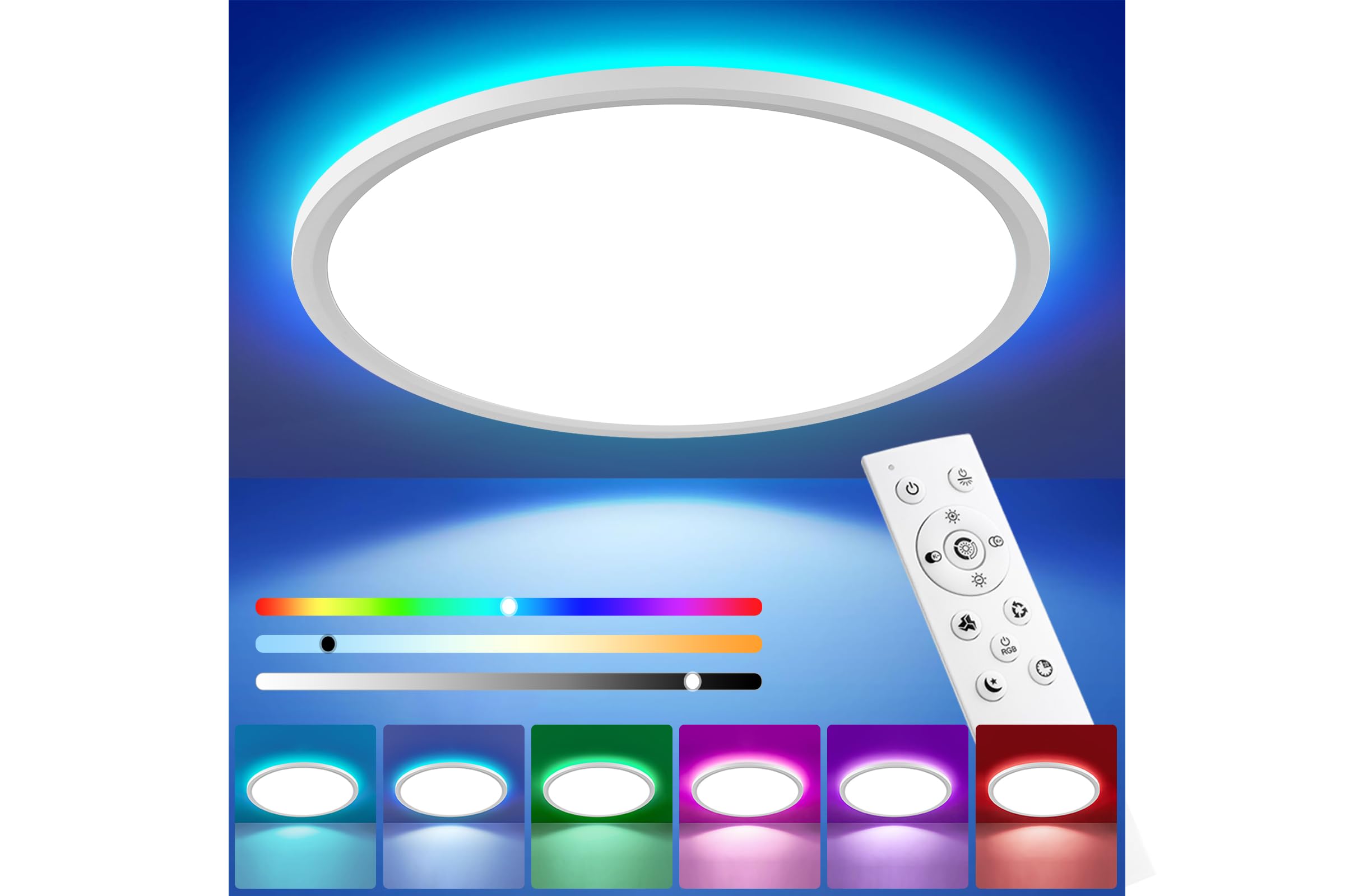Oumida Lampara LED Techo Regulable, 24W RGB Regulable-Lampara con Mando Distancia,Luz Nocturna 3000K-6500K,2400LM IP44 Lampara para Dormitorio Cocina Salon Baño Comedor Pasillo, Ø30cm