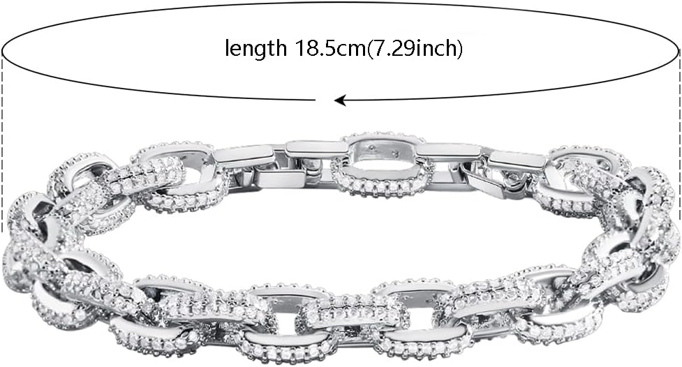 Silver Plated White Cubic Zirconia Pave Bracelet,Bling CZ O-chain Hip Hop Cuban Bracelets Tennis Bracelet for Women Men Jewelry,7.2" - Image 3