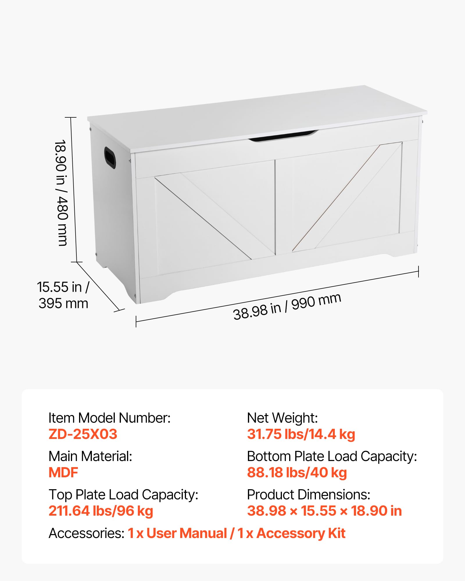VEVOR Panca per Bambini con Contenitore da 990 x 395 x 480 mm, Contenitore per Giocattoli in Legno con Cerniera di Sicurezza, Baule Portaoggetti per Sala Giochi, Soggiorno, Ingresso, Bianco