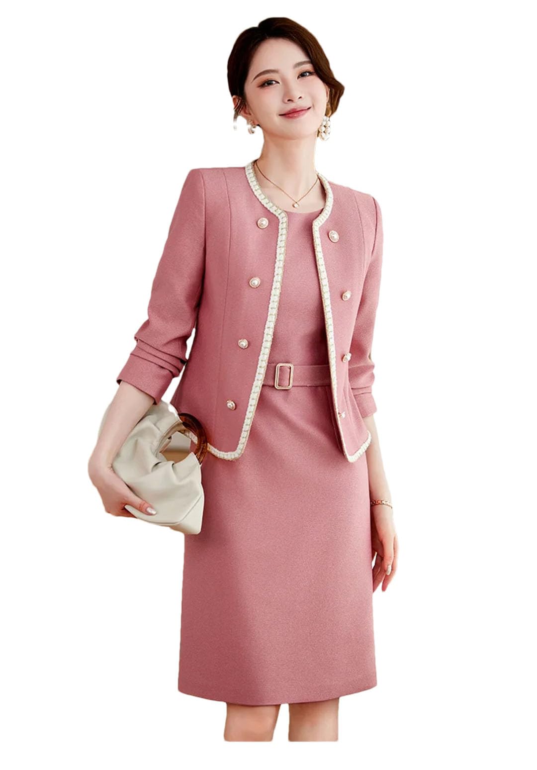 Women Suits Apricot Pink Office Long Sleeve Blazers Short Coat and Knee Length Dress Two Piece Sets
