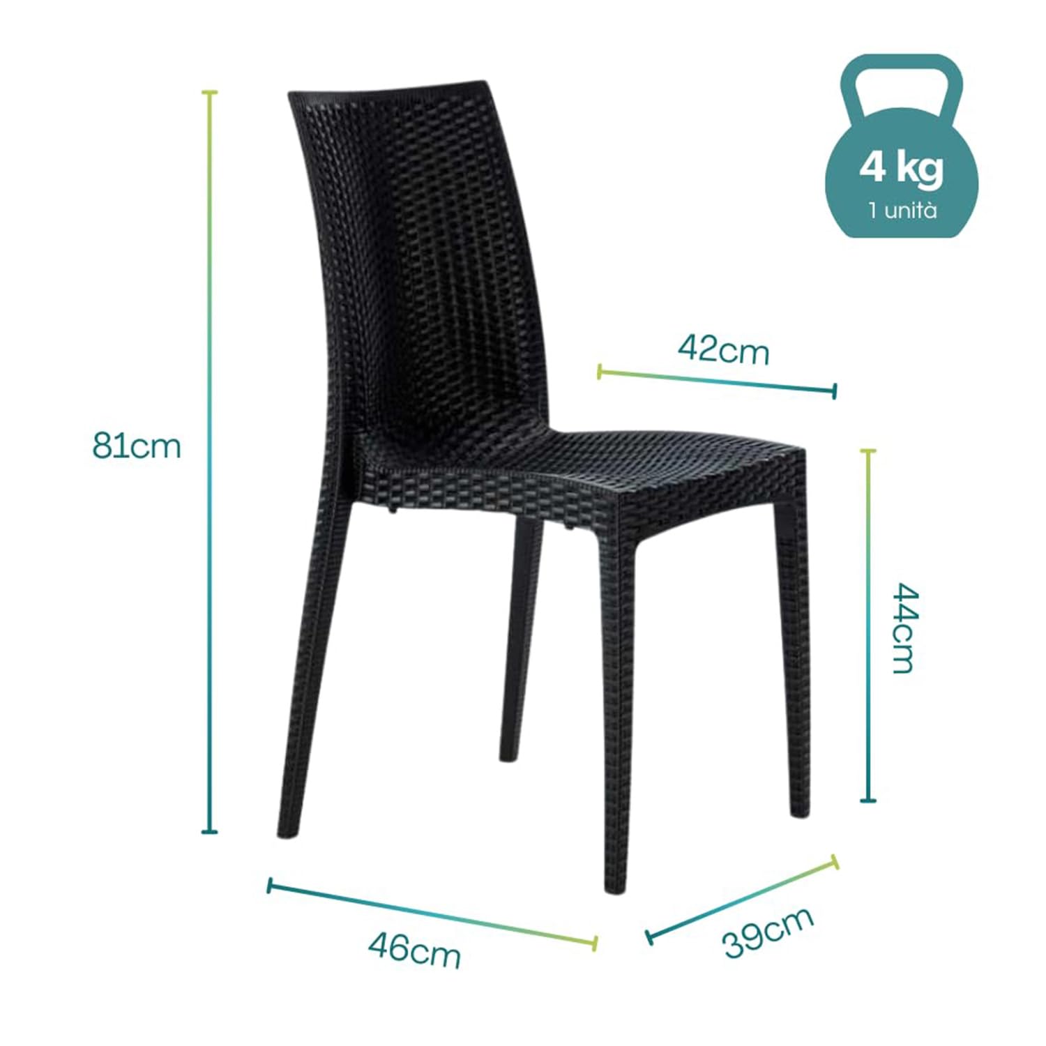 PALUPLUS Set Tavolo Quadrato con 4 Sedie Rattan in Plastica color Antracite, Misura Tavolino 79x79x72 cm, Sedia SENZA Braccioli, Arredo per Esterno, Terrazzo -KIN024F/MAD603F-23,5