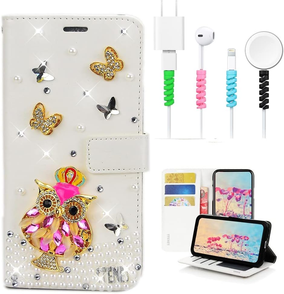 STENES Bling Wallet Case Compatible with iPhone 7 / iPhone 8 - Stylish - 3D Handmade Leopard Butterfly Floral Flowers Leather Cover with Cable Protector [4 Pack] - Red