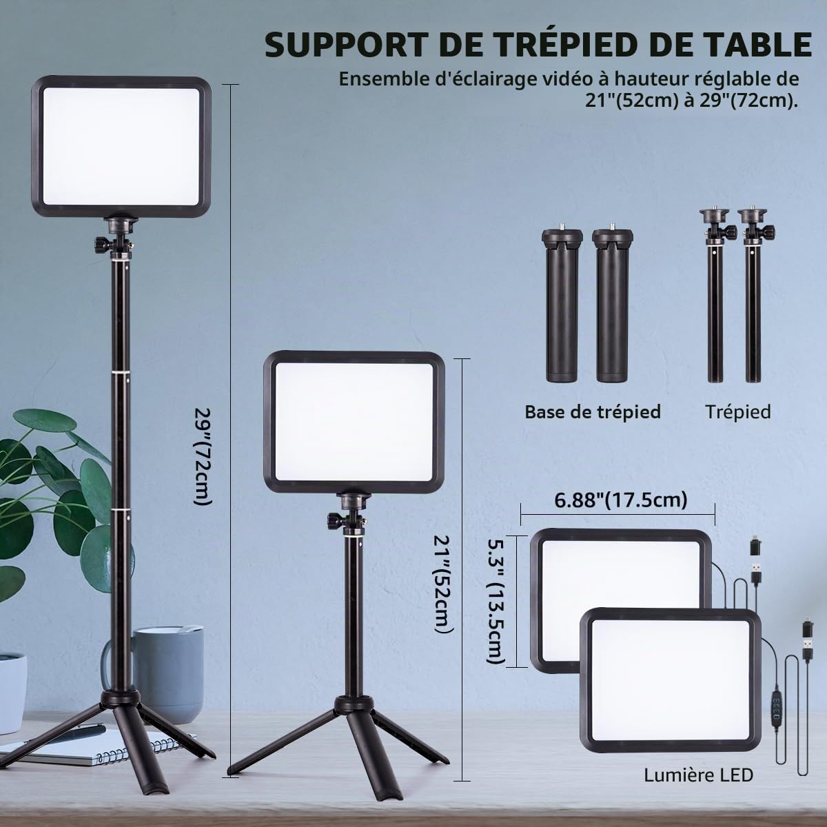 Ensemble de 2 Lampes Vidéo LED, 14 x 17cm Lampe de Studio de Photographie Portable avec Trépied Réglable pour Table, 2800K-6500K Lumière Douce USB pour Zoom/Streaming de Jeux/Youtube/TikTok