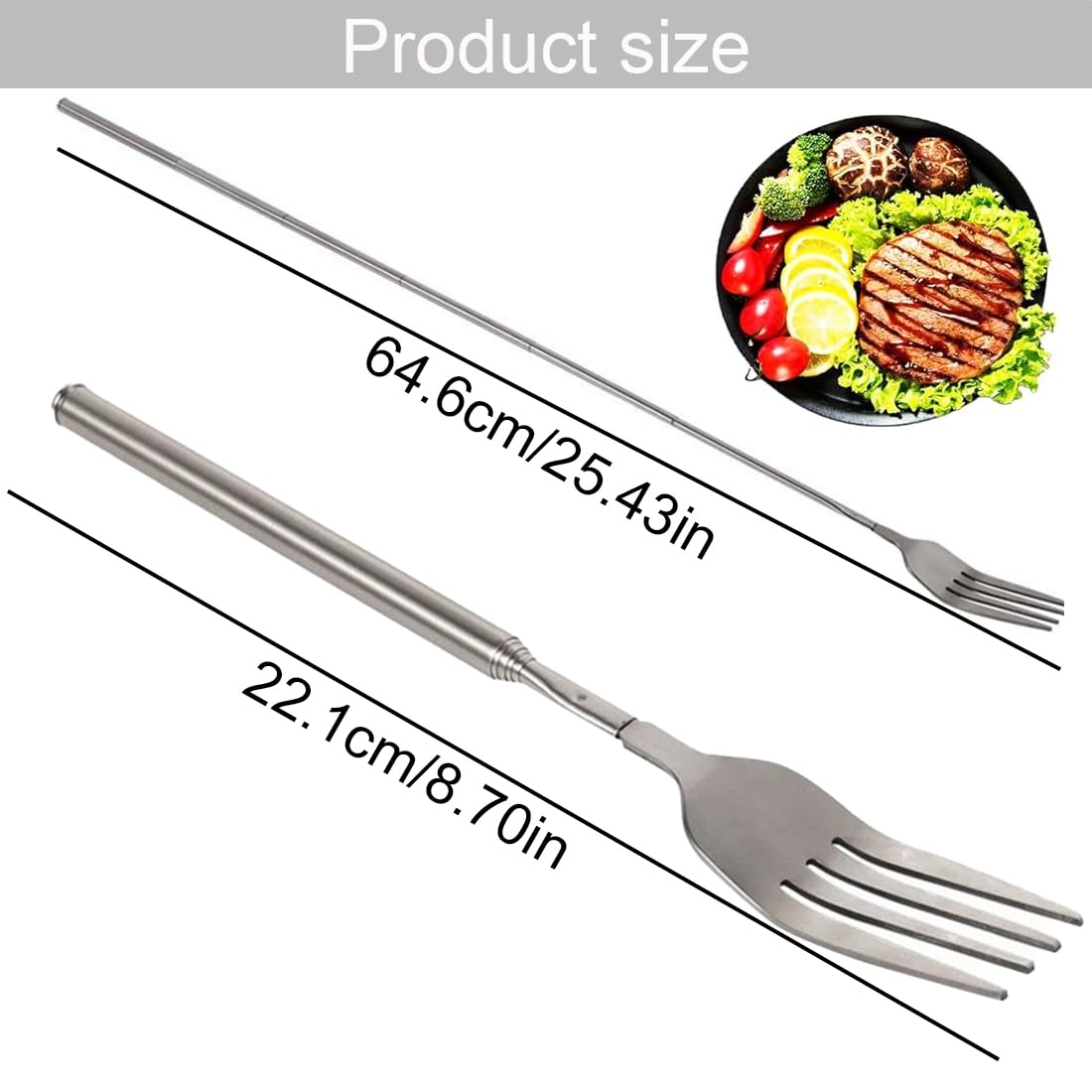 Forchetta telescopica, forchetta telescopica lunga, forchetta telescopica in acciaio inossidabile, forchetta estensibile con manico lungo, per barbecue, brindisi, cena, frutta, dessert, argento