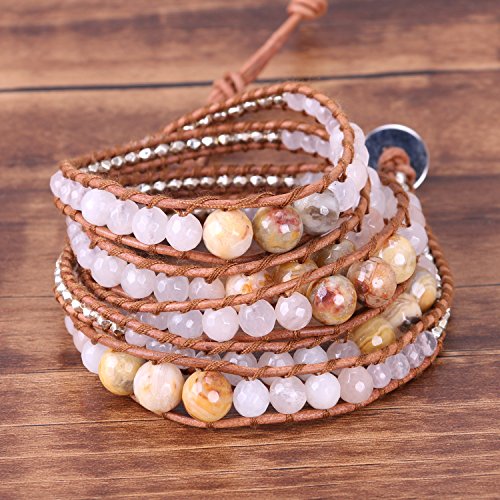 Kelitch Pink Crystal Gemstone 5 Wrap Bracelets Crazy Agate Strand Braclets Adjustable Bracelet New #TOP2
