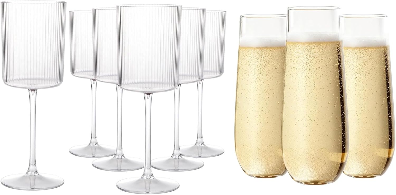 Ciaell 12 PCS Plastic Ribbed Wine Glasses - 9 Oz Disposable Champagne Glasses for Parties & Weddings & Party