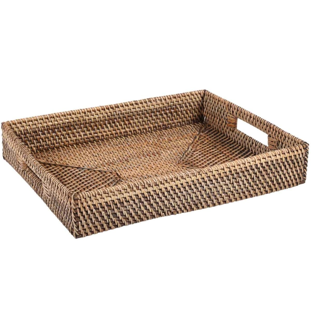 Lisa LOM20050 Lot de 2 plateaux de service rectangulaires en rotin naturel tressé marron | Plateau décoratif pour boissons, petit-déjeuner, service à thé – Plateau décoratif Boho Chic