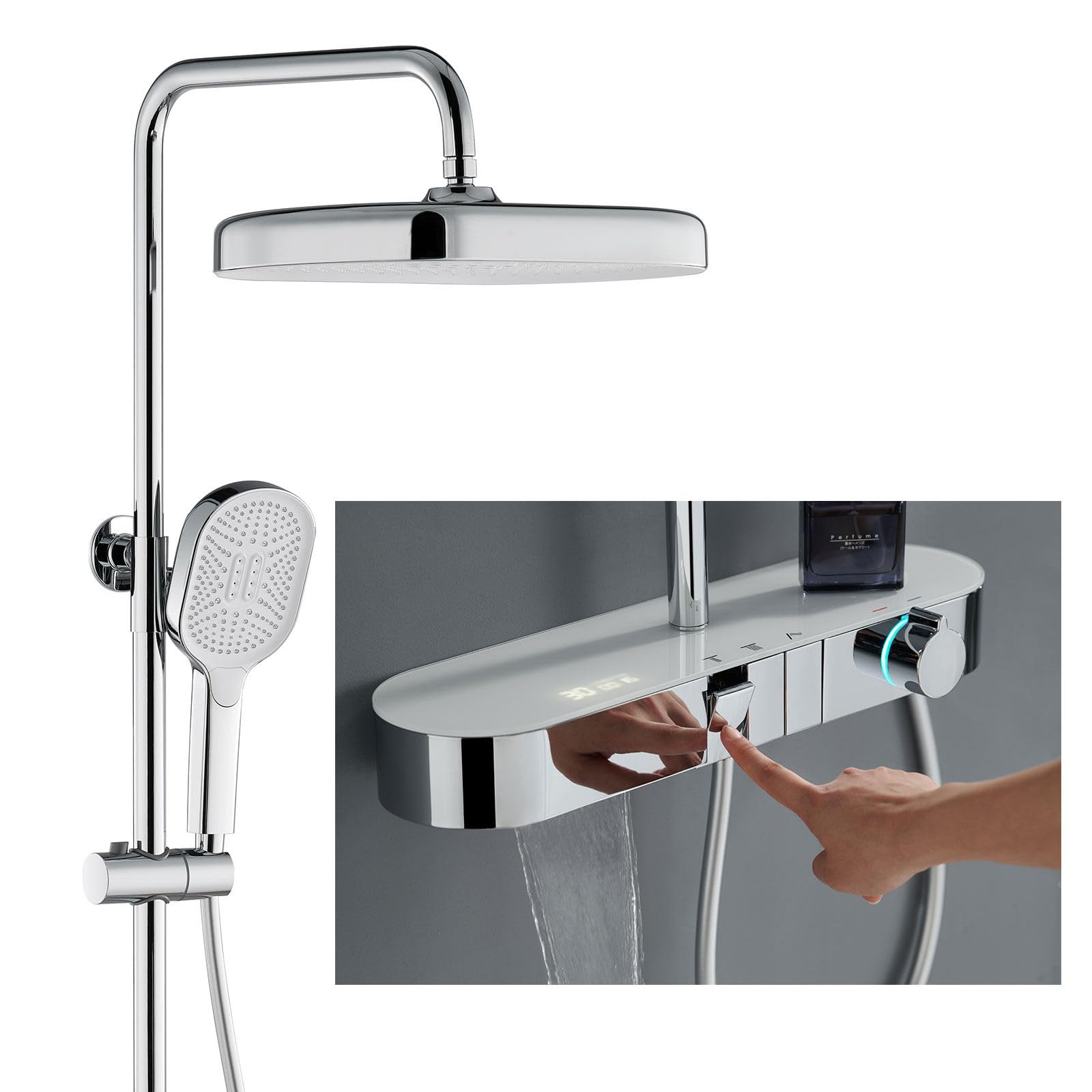 Sistema de ducha termostático, juego de cabezal de ducha moderno y lujoso de 360 x 250 mm, llave de piano, pantalla digital, grifo de baño de cascada, juegos completos y de mano, válvula de cobre