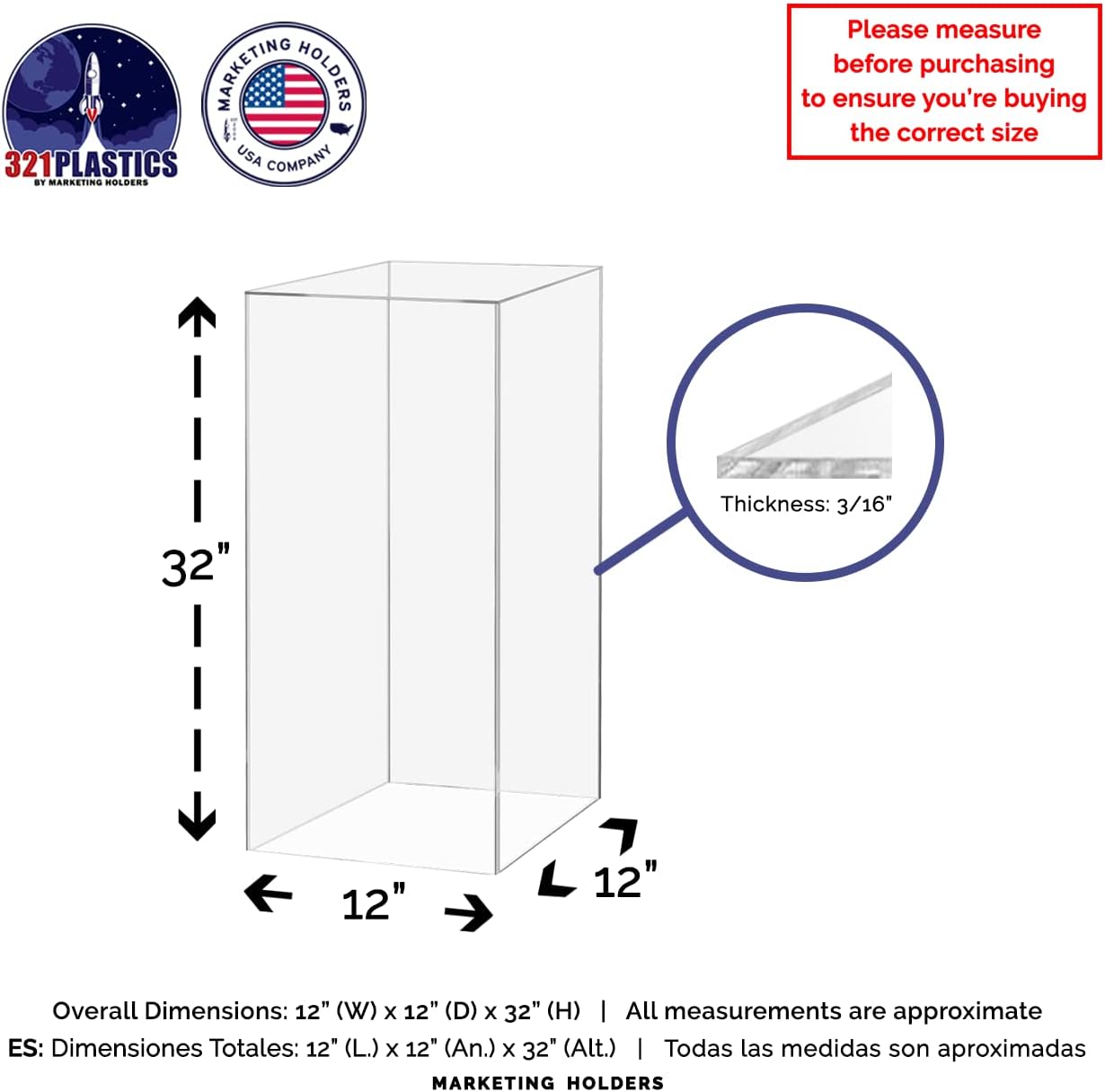 Display Cube Pedestal Tall One Piece Riser 12" x 12" x 32" Acrylic Clear Column No Lid Lucite Stand Flower Tower Weddings Special Events Staging Decor Plexiglass Display Box by Marketing Holders