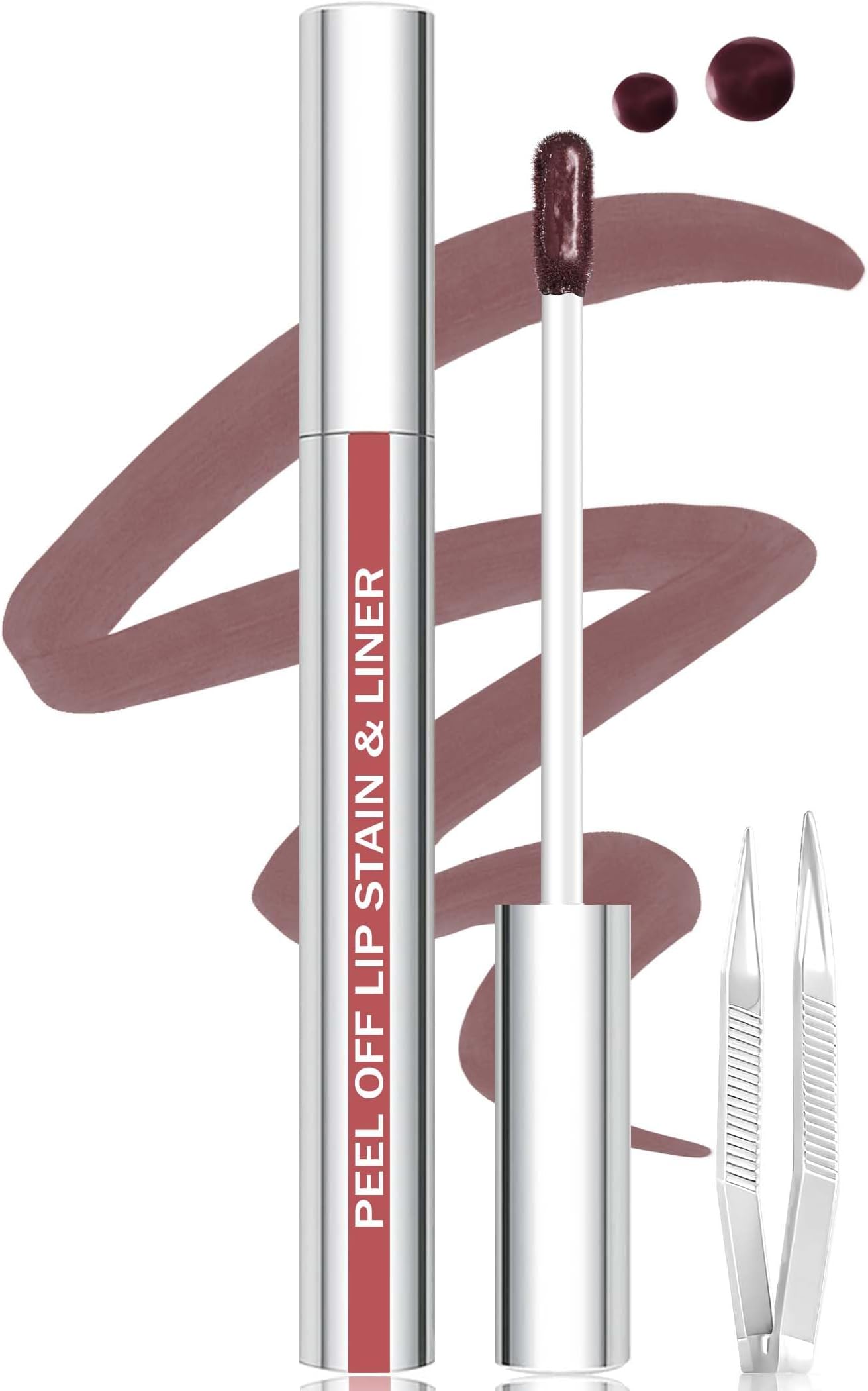 Lip Stain Peel Off Lip Liner Stain with Tweezer, Long Lasting Matte Lip Tint Tattoo, Highly Pigmented Color Lip Makeup, Waterproof Lipstick, Transfer-proof Lipstain for Women, Neutral Mauve