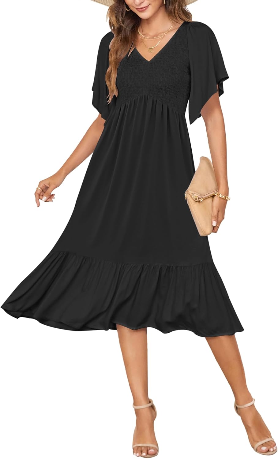 AUSELILY Women's Summer Empire Waist Dress Smocked Flutter Short Sleeve V Neck Midi Dresses 2026 New