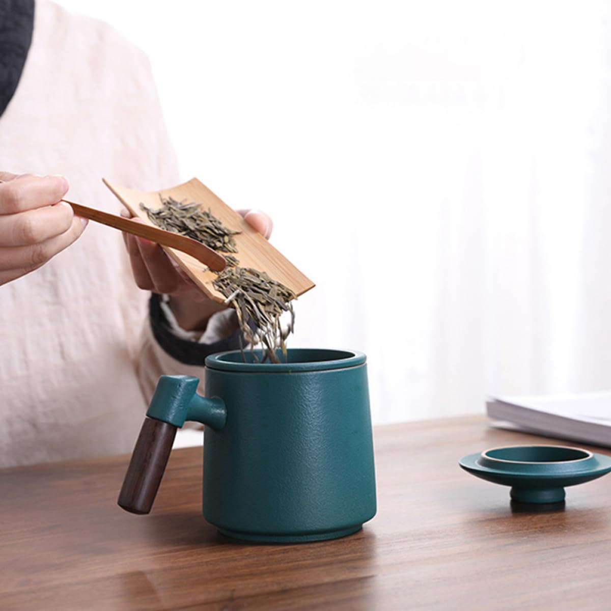 BESPORTBLE Taza de Cerámica con Mango de Madera y Tapa Set 3 Piezas 400ml Taza de Té con Infusor para Hogar y Oficina con Leche Verde Multiusos para Infusiones y Bebidas Calientes