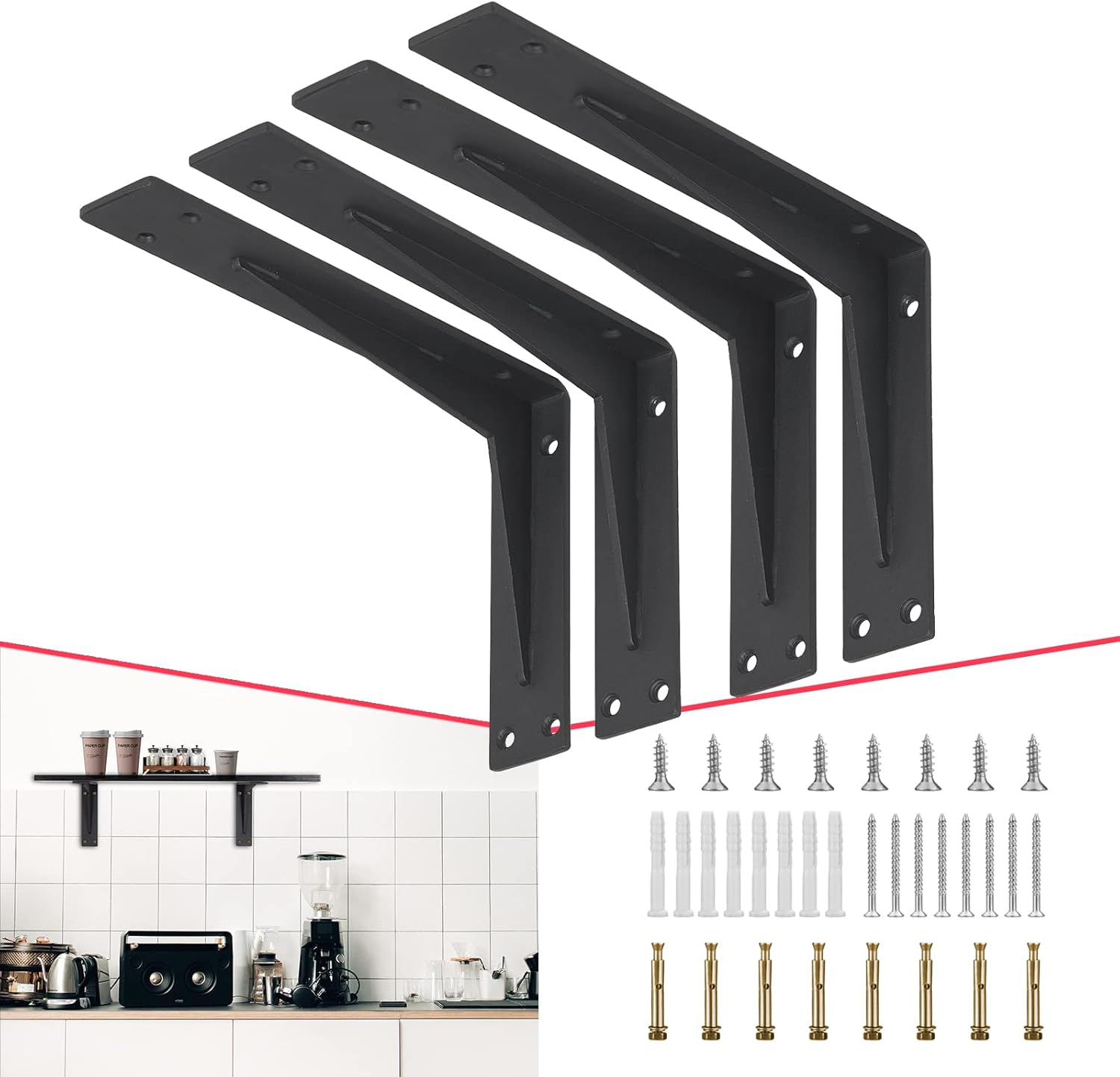 CLT Black Shelf Bracket, 16” Quarter Inch (1/5") Thick- Max Load: 440 lb Industrial Modern Farmhouse Heavy Duty Corner Brace Joint Right Angle Bracket for Table Bench, Space Saving DIY, Pack of 4 Black L Gusset 16 inches