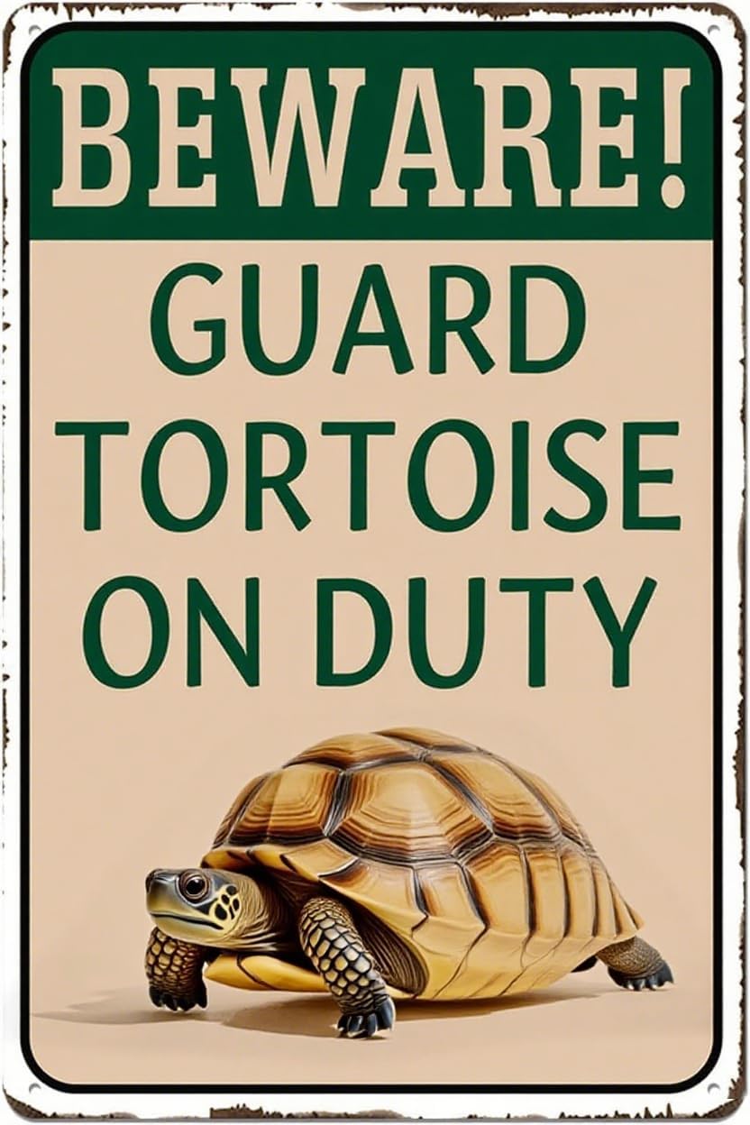 Tortoise Habitat Accessories Turtle Enclosure Decor - Outdoor Habitat Setup for Sulcata Tortoise, Beware Guard Tortoise On Duty Metal Tin Sign Gifts for Tortoise Lovers 8x12 inch