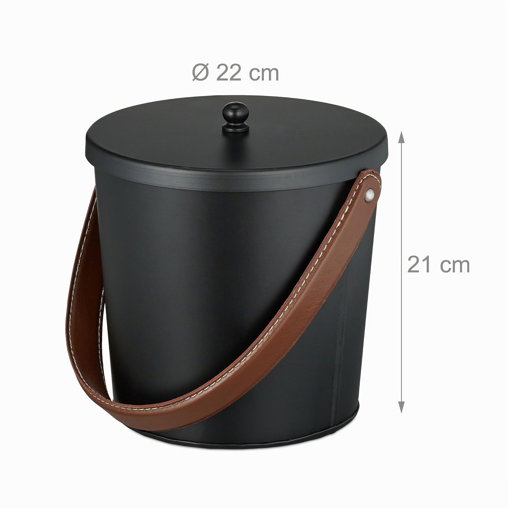 Relaxdays Cubo Cenizas con Tapa 4,5 L, Recipiente con Asa de Cuero, para Carbón y Restos de Leña, Estufa, Negro/Marrón