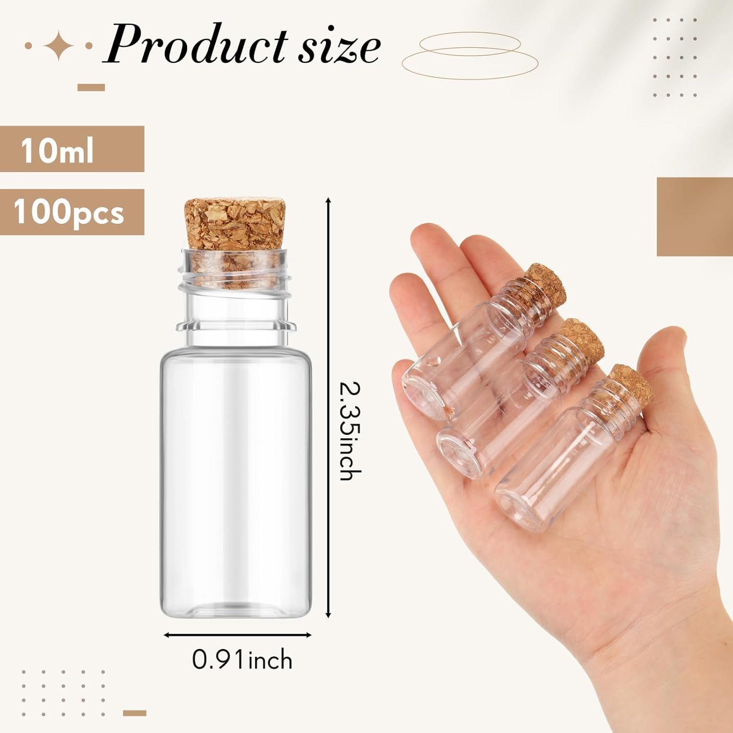 Bokon 100 Packs 10ml Mini Plastic Bottles with Corks Stoppers Small Potion Bottles Tiny Clear Sand Art Jar Wishing Vial for Wedding Birthday Party Decoration DIY Crafts Gift