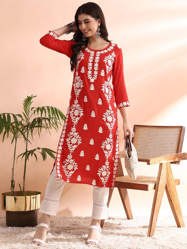 Image of Vaamsi Women's Viscose Rayon Solid Embroidered Straight Kurta | Chikankari Kurta for Women