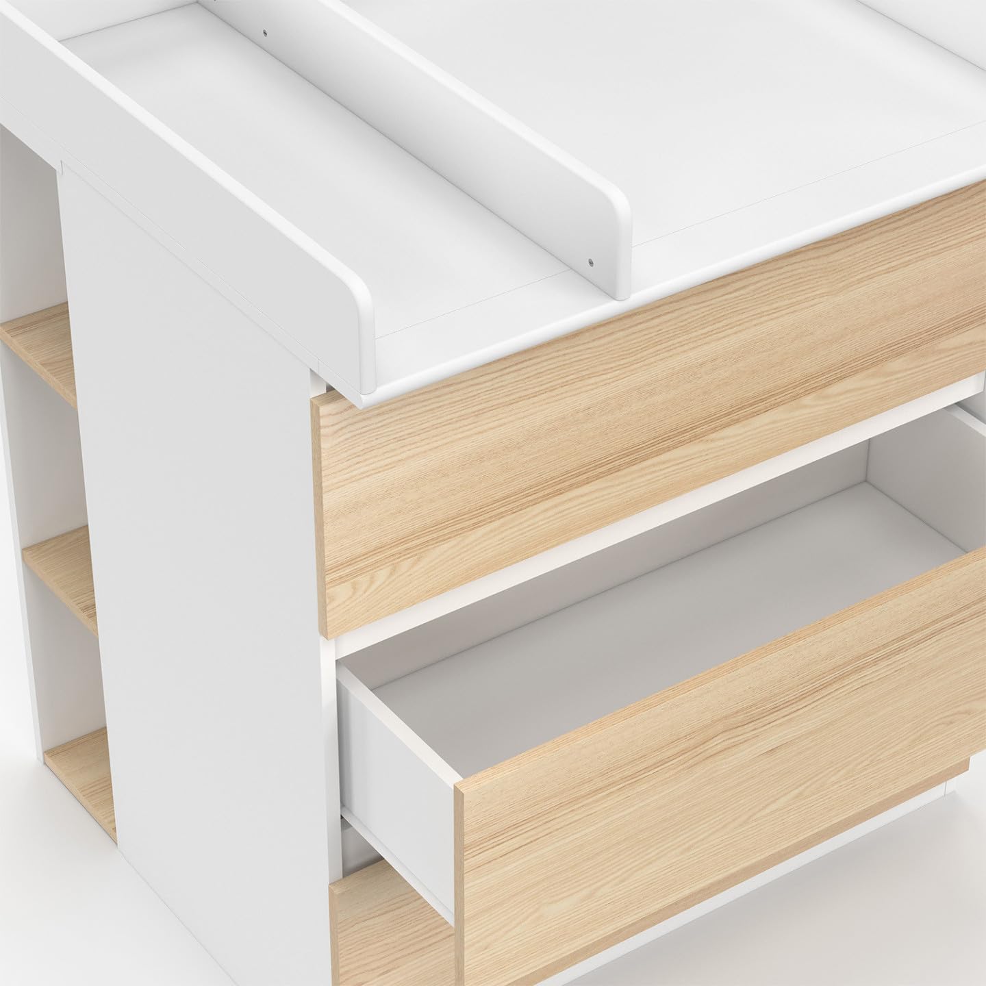 IDMarket - Cassettiera AMBRE, finitura faggio e bianco 3 cassetti, fasciatoio e 2 ripiani estraibili