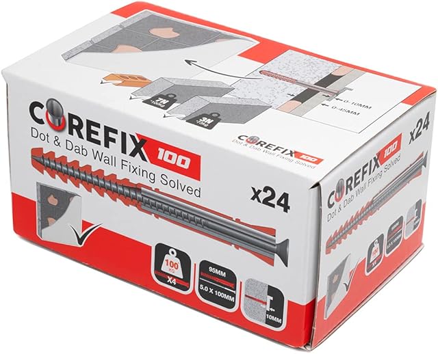 Corefix 100mm Heavy Duty Dot & Dab Wall Fixings - Plasterboard Over Blockwork Wall Plugs & Screws - For TVs, Radiators, Shelving & more - Holds 100kg on 4 fixtures - Reinforced Steel Core  Box of 24