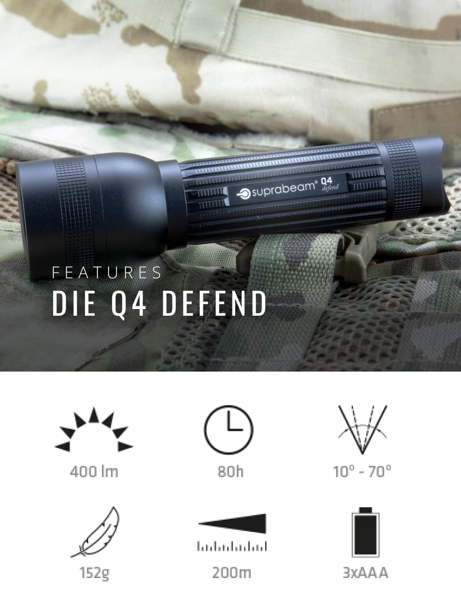 Suprabeam Q4defend - Linterna LED táctica de 400 lúmenes, protección IPx4, aluminio de alta resistencia