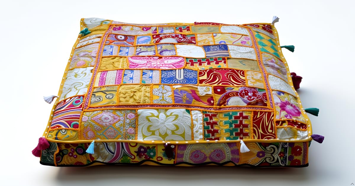 CRAFT KALA Indian Square Patchwork Traditional Pouf Cover Indian Living Room Poufs Decorative Embroidered Designer Ottoman Home Footstool Chair Cover Decor Pillow Cover 35 inches, Yellow